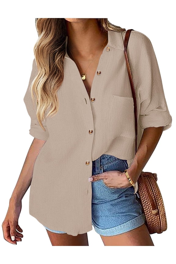 Button up Shirt Women 100% Cotton Linen Blouses Collared Long Sleeve Casual Business Tops