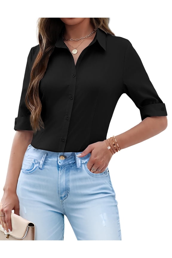 Button Up Shirt Women Collared Shirts Fitted Buttoned Down Blouse Fitted Tops