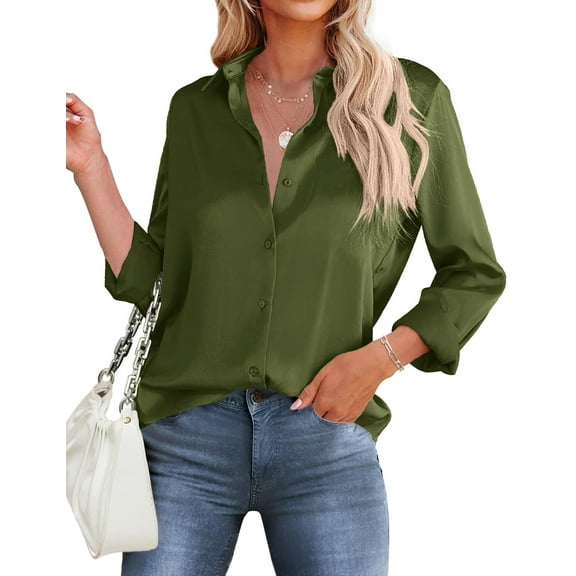 Zeagoo Button Up Shirt Women Satin Long Sleeve Loose Office Blouses Collared Dressy Casual Business Silk Tops