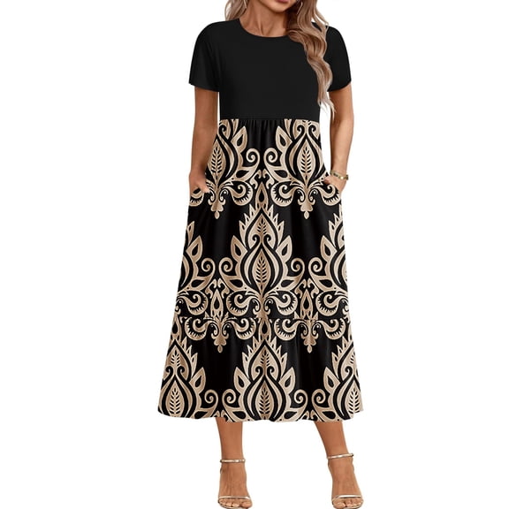 Zeagoo Casual Dresses for Women Plus Size Ruffled Hem Short Sleeve A-Line Dress High Waist Solid Dress Casual Swing Dresses with Pockets