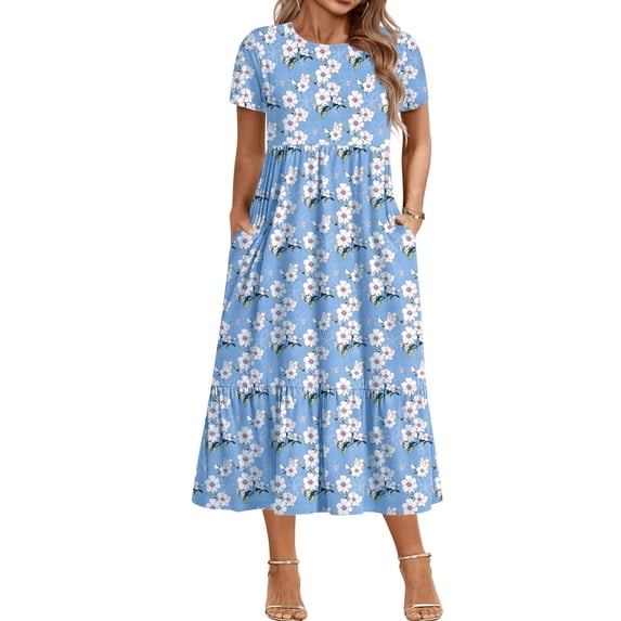 Zeagoo Casual Dresses for Women Plus Size Ruffled Hem Short Sleeve A-Line Dress High Waist Solid Dress Casual Swing Dresses with Pockets