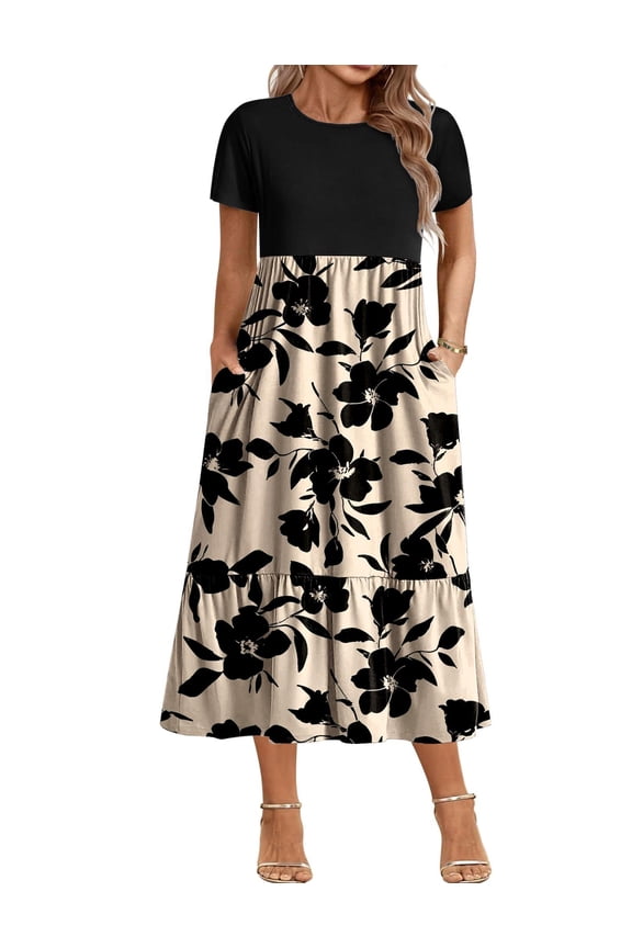 Casual Dresses for Women Plus Size Ruffled Hem Short Sleeve A-Line Dress High Waist Solid Dress Casual Swing Dresses with Pockets