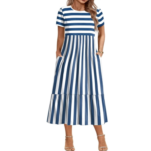 Zeagoo Casual Dresses for Women Plus Size Ruffled Hem Short Sleeve A-Line Dress High Waist Solid Dress Casual Swing Dresses with Pockets