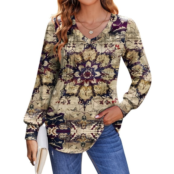 Zeagoo Casual Long Sleeve Shirts for Women Boho Floral Blouse V Neck Work Tunic Tops Daily Wear