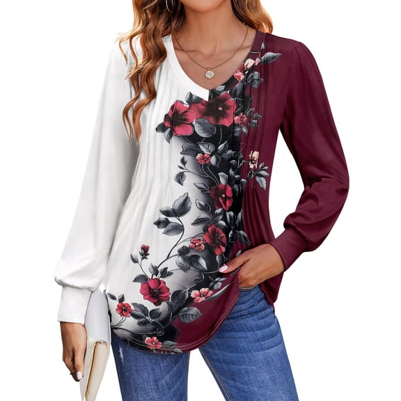 Zeagoo Casual Long Sleeve Shirts for Women Boho Floral Blouse V Neck Work Tunic Tops Daily Wear