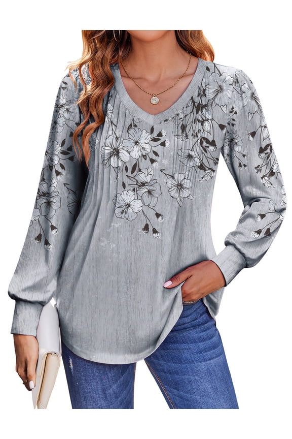 Casual Long Sleeve Shirts for Women Boho Floral Blouse V Neck Work Tunic Tops Daily Wear