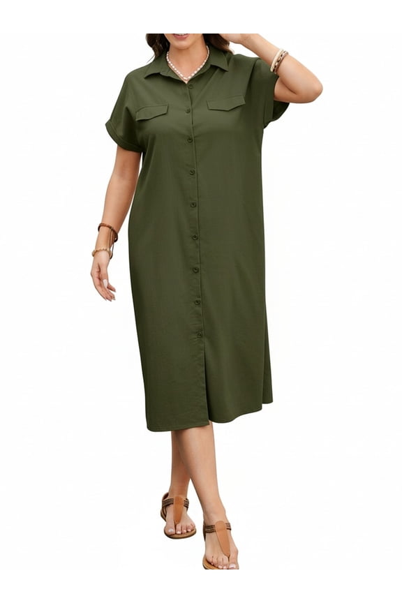 Casual Shirt Dress Women Summer Short Sleeve Loose Summer Tunic Midi Dress Cover up with Pockets