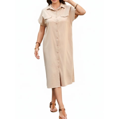 Casual Shirt Dress Women Summer Short Sleeve Loose Summer Tunic Midi Dress Cover up with Pockets