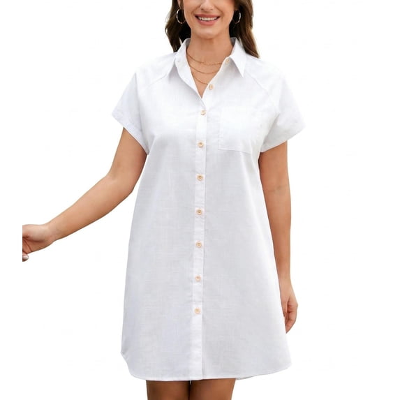 Zeagoo Cotton Linen Dress for Women Short Sleeve V-Neck Button Down Tunic Shift Dress Casual Breathable Comfy Summer Shirt Dress with Pocket for Beach Vacation and Everyday Wear