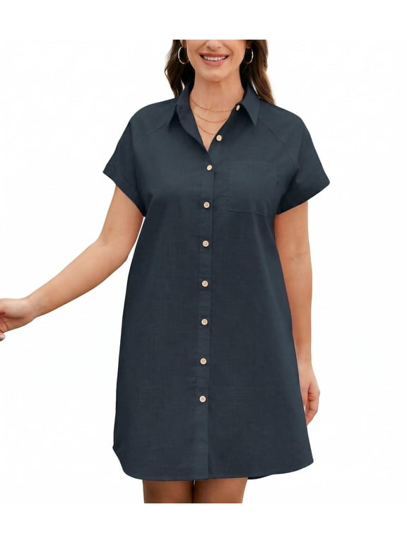 Cotton Linen Dress for Women Short Sleeve V-Neck Button Down Tunic Shift Dress Casual Breathable Comfy Summer Shirt Dress with Pocket for Beach Vacation and Everyday Wear