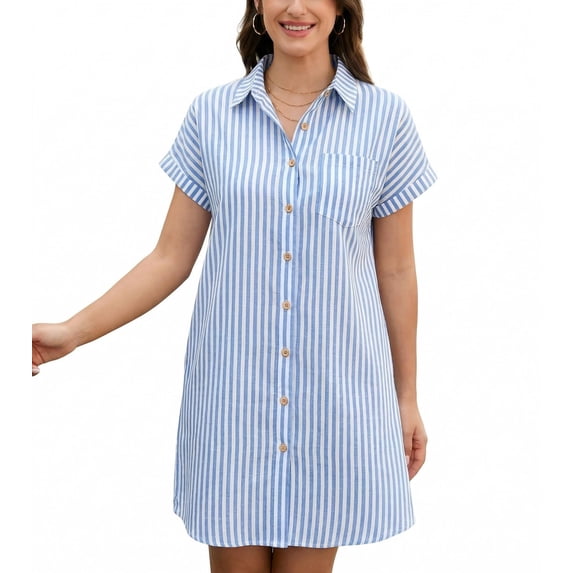 Zeagoo Cotton Linen Dress for Women Short Sleeve V-Neck Button Down Tunic Shift Dress Casual Breathable Comfy Summer Shirt Dress with Pocket for Beach Vacation and Everyday Wear