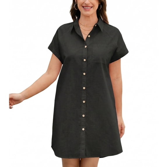 Zeagoo Cotton Linen Dress for Women Short Sleeve V-Neck Button Down Tunic Shift Dress Casual Breathable Comfy Summer Shirt Dress with Pocket for Beach Vacation and Everyday Wear