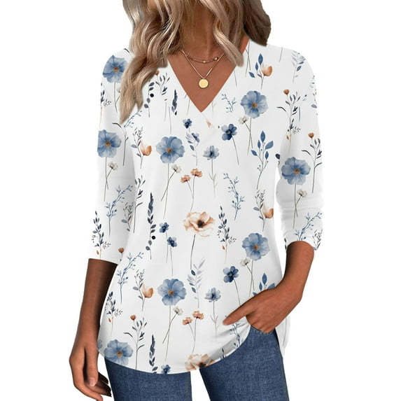 Zeagoo Cute Summer Boho Tops for Women V Neck Long Sleeve Blouses Floral Shirts Casual Tee Shirt