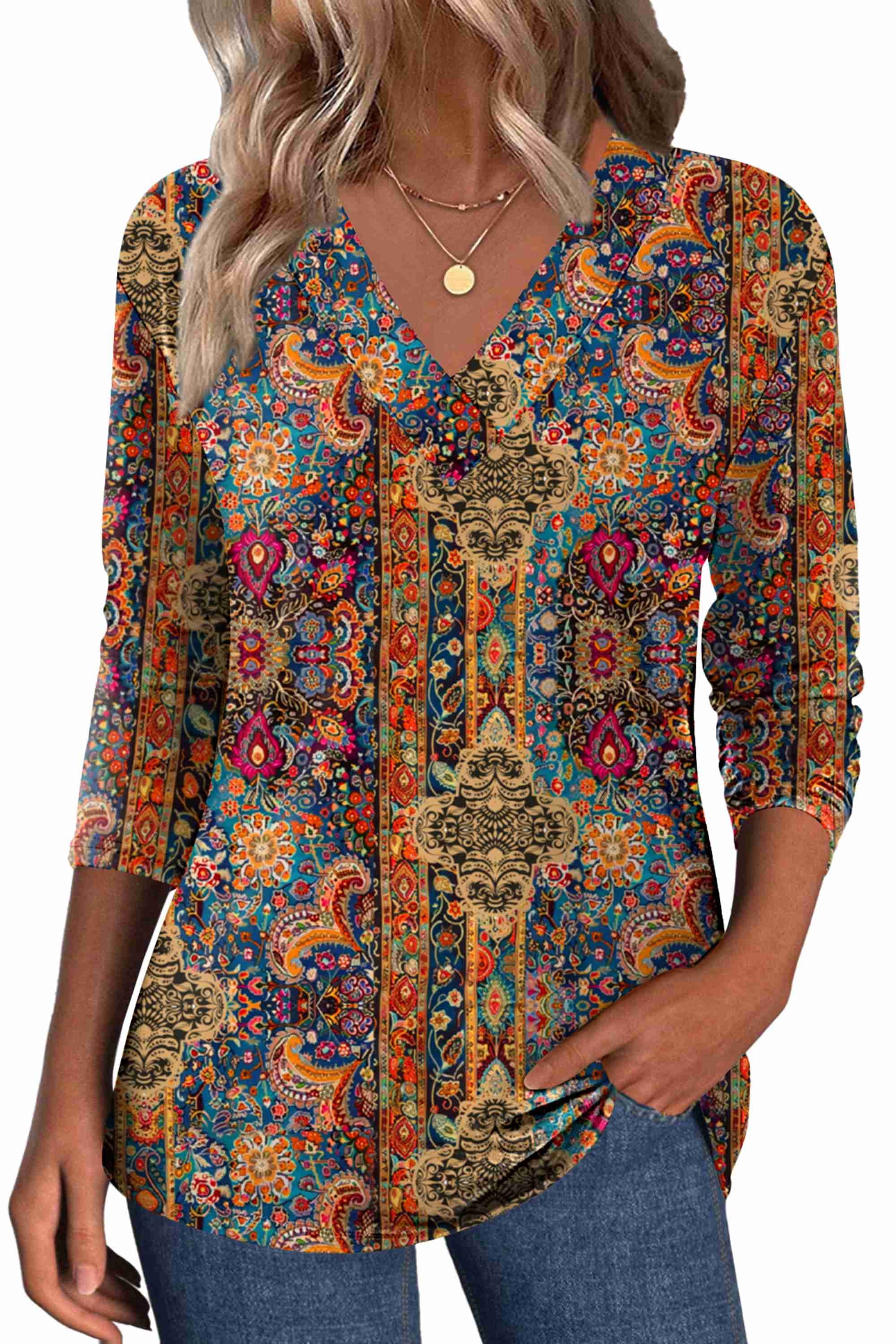 Zeagoo Cute Summer Boho Tops for Women V Neck Long Sleeve Blouses Floral Shirts Casual Tee Shirt