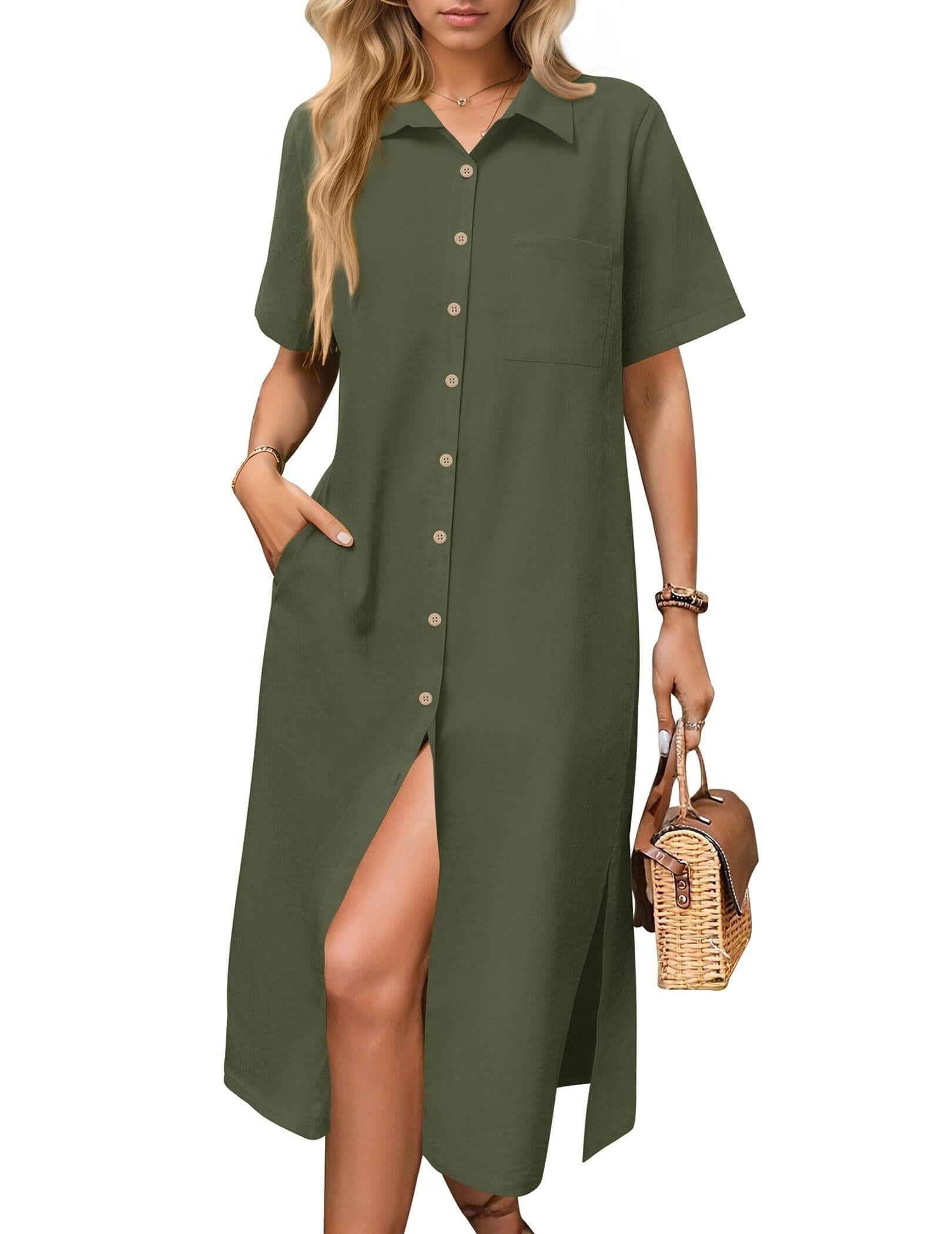 Zeagoo Dresses for Women Summer Casual Midi Short Sleeve Button Down ...