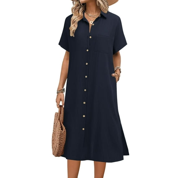 Zeagoo Dresses for Women Summer Casual Midi Short Sleeve Button Down Shirt Linen Dress Beach Cover Up with Pocket