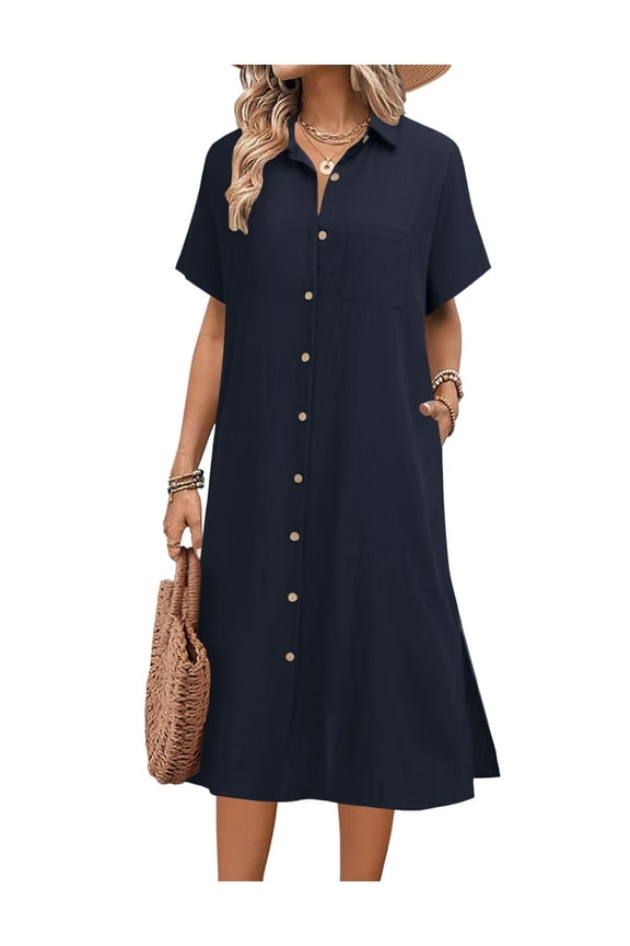 Dresses for Women Summer Casual Midi Short Sleeve Button Down Shirt Linen Dress Beach Cover Up with Pocket
