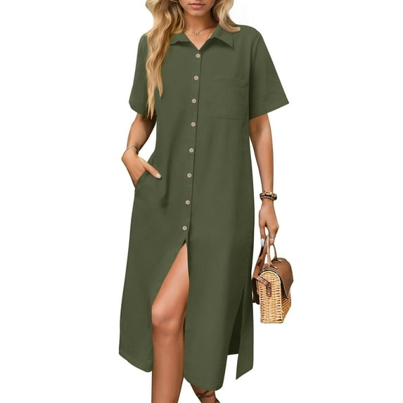 Zeagoo Dresses for Women Summer Casual Midi Short Sleeve Button Down Shirt Linen Dress Beach Cover Up with Pocket