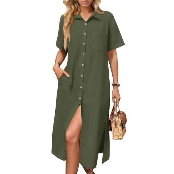 Zeagoo Dresses for Women Summer Casual Midi Short Sleeve Button Down Shirt Linen Dress Beach Cover Up with Pocket