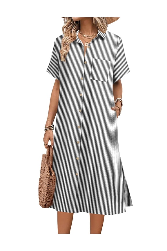 Dresses for Women Summer Casual Midi Short Sleeve Button Down Shirt Linen Dress Beach Cover Up with Pocket