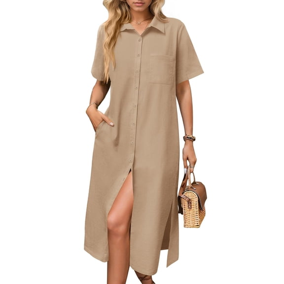 Zeagoo Dresses for Women Summer Casual Midi Short Sleeve Button Down Shirt Linen Dress Beach Cover Up with Pocket