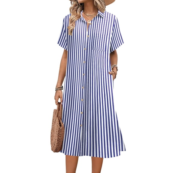 Zeagoo Dresses for Women Summer Casual Midi Short Sleeve Button Down Shirt Linen Dress Beach Cover Up with Pocket