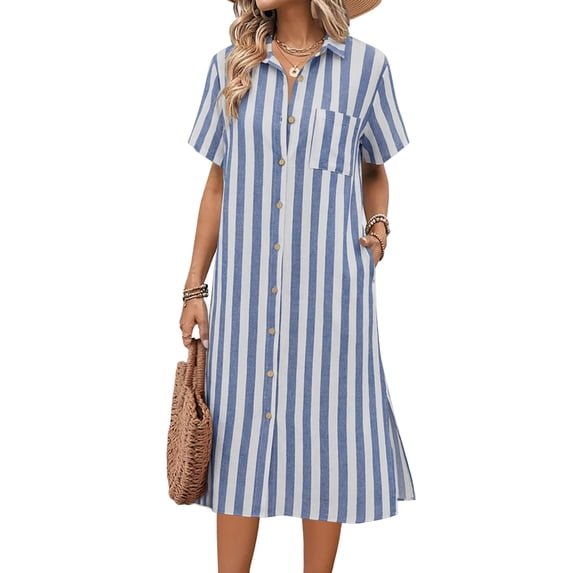 Zeagoo Dresses for Women Summer Casual Midi Short Sleeve Button Down Shirt Linen Dress Beach Cover Up with Pocket