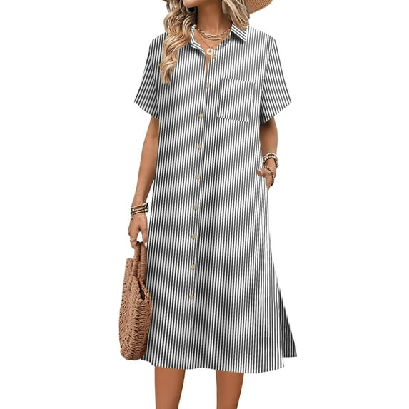Zeagoo Dresses for Women Summer Casual Midi Short Sleeve Button Down Shirt Linen Dress Beach Cover Up with Pocket