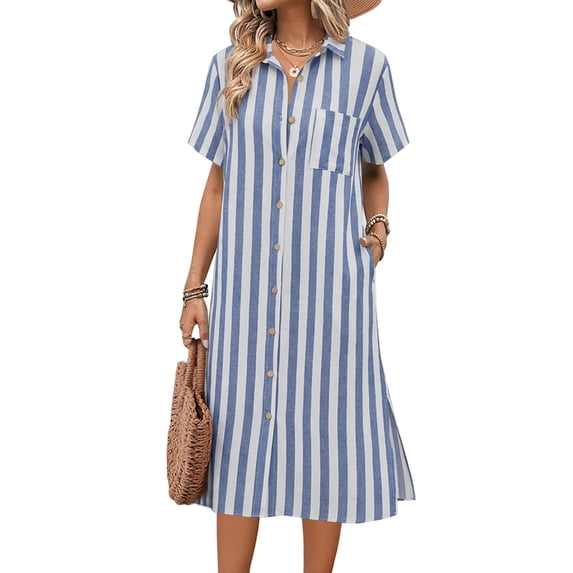 Zeagoo Dresses for Women Summer Casual Midi Short Sleeve Button Down Shirt Linen Dress Beach Cover Up with Pocket