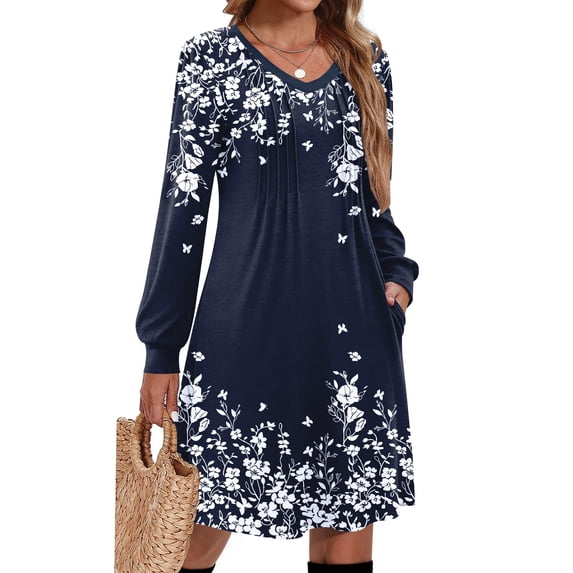Zeagoo Fall A Line Dress for Women Long Sleeve Casual Printed Dresses V Neck Tunic Boho Dress