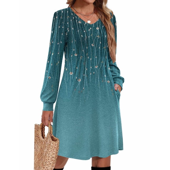 Zeagoo Fall A Line Dress for Women Long Sleeve Casual Printed Dresses V Neck Tunic Boho Dress
