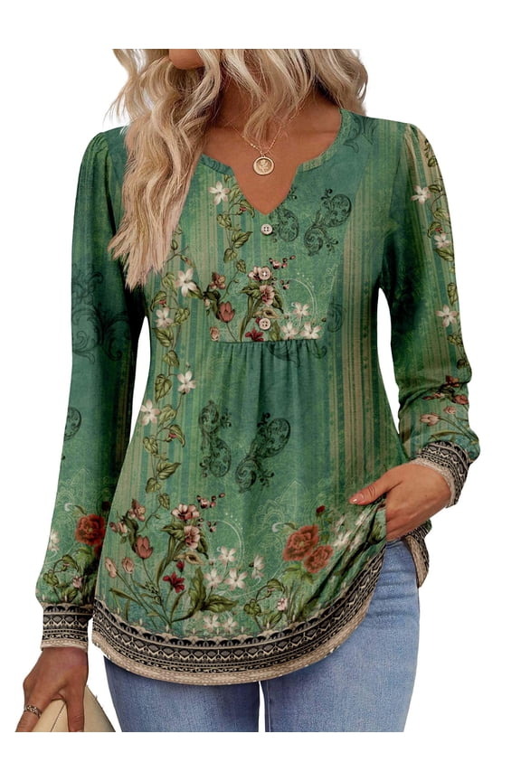 Fall Shirts for Women 2025 V Neck Button Casual Dressy Blouses Long Sleeve T-Shirts Pleated Floral Tunic Tops Boho Shirt