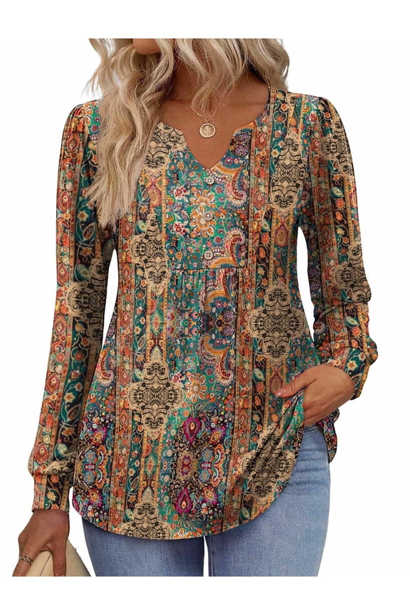 Fall Shirts for Women 2025 V Neck Button Casual Dressy Blouses Long Sleeve T-Shirts Pleated Floral Tunic Tops Boho Shirt