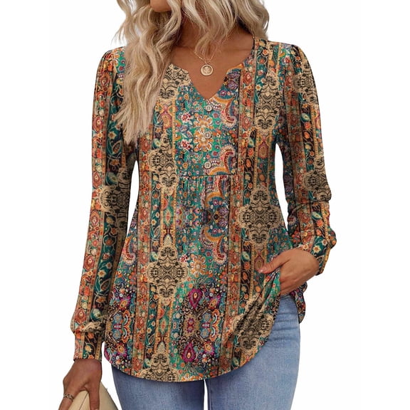 Zeagoo Fall Shirts for Women 2025 V Neck Button Casual Dressy Blouses Long Sleeve T-Shirts Pleated Floral Tunic Tops Boho Shirt