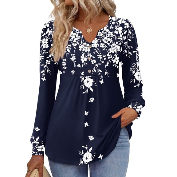 Zeagoo Fall Shirts for Women 2025 V Neck Button Casual Dressy Blouses Long Sleeve T-Shirts Pleated Floral Tunic Tops Boho Shirt