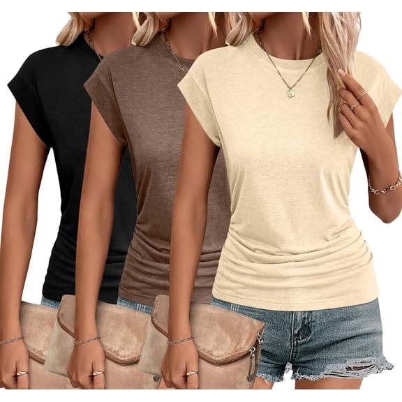 Zeagoo Fitted Shirts for Women Cap Sleeve Ruched T Shirts Crewneck Solid Tunics Business Work T-Shirt Summer Basic Top
