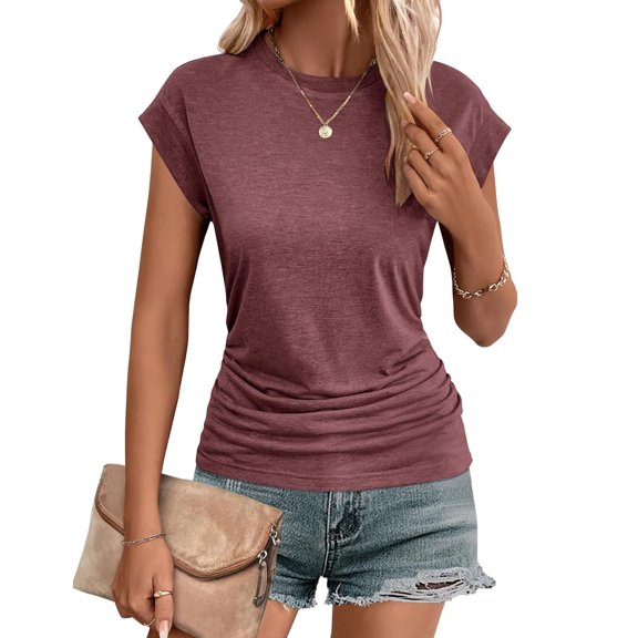 Zeagoo Fitted Shirts for Women Cap Sleeve Ruched T Shirts Crewneck Solid Tunics Business Work T-Shirt Summer Basic Top