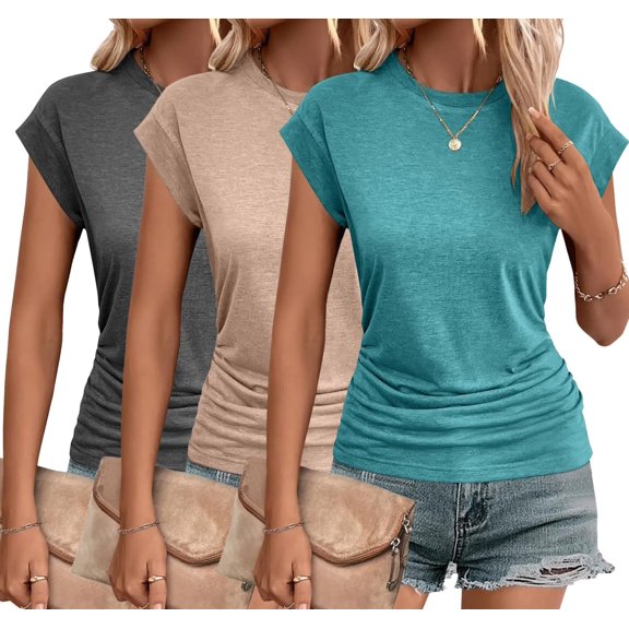 Zeagoo Fitted Shirts for Women Cap Sleeve Ruched T Shirts Crewneck Solid Tunics Business Work T-Shirt Summer Basic Top