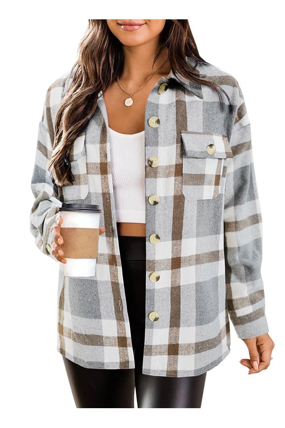 Flannel Cropped Jacket Wool Blend Shacket Plaid Button Down Shirt Fall Winter Fashion Long Sleeve Coat with Pockets