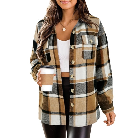 Zeagoo Flannel Cropped Jacket Wool Blend Shacket Plaid Button Down Shirt Fall Winter Fashion Long Sleeve Coat with Pockets