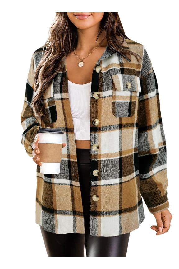 Flannel Cropped Jacket Wool Blend Shacket Plaid Button Down Shirt Fall Winter Fashion Long Sleeve Coat with Pockets