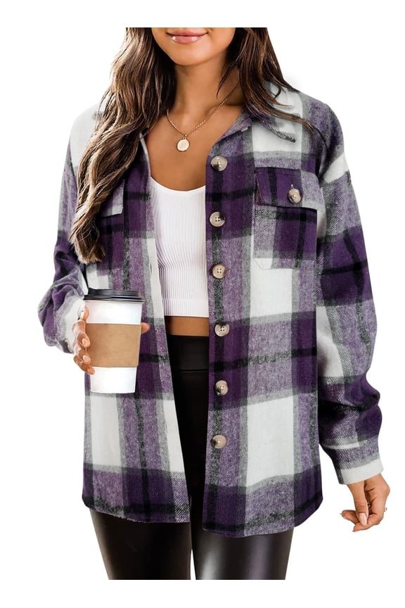 Flannel Cropped Jacket Wool Blend Shacket Plaid Button Down Shirt Fall Winter Fashion Long Sleeve Coat with Pockets