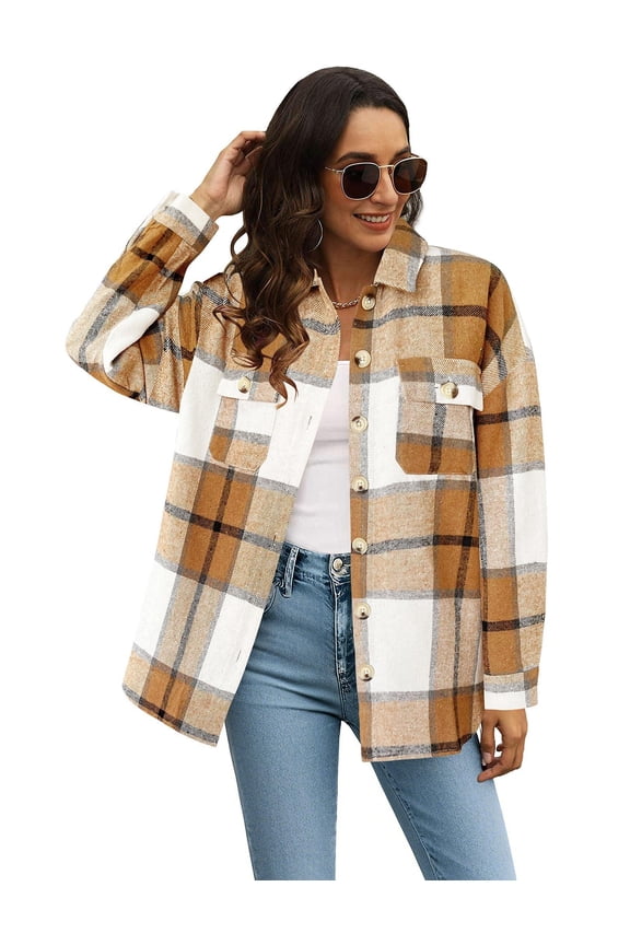 Flannel Cropped Jacket Wool Blend Shacket Plaid Button Down Shirt Fall Winter Fashion Long Sleeve Coat with Pockets