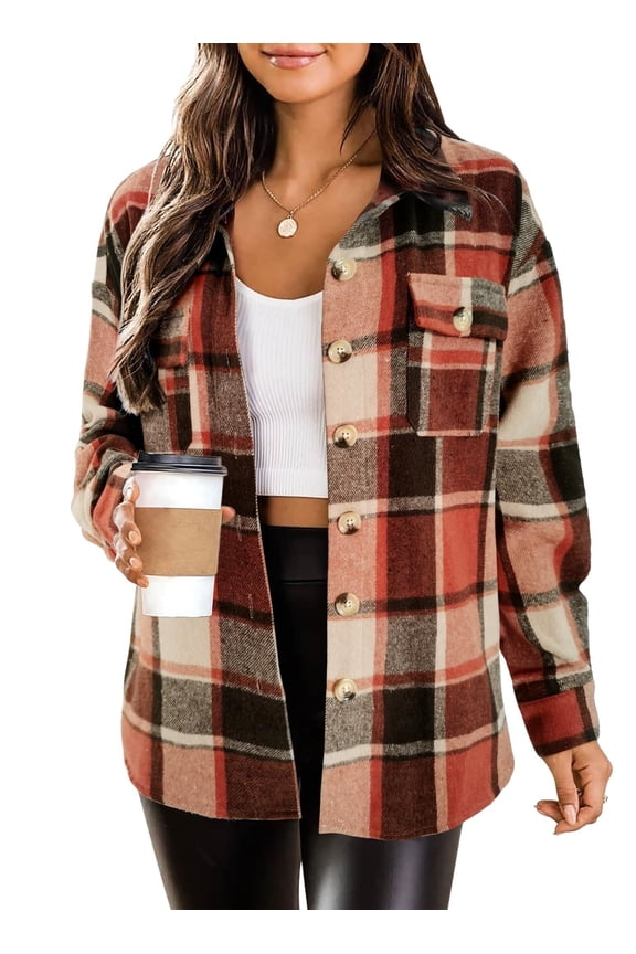 Flannel Cropped Jacket Wool Blend Shacket Plaid Button Down Shirt Fall Winter Fashion Long Sleeve Coat with Pockets
