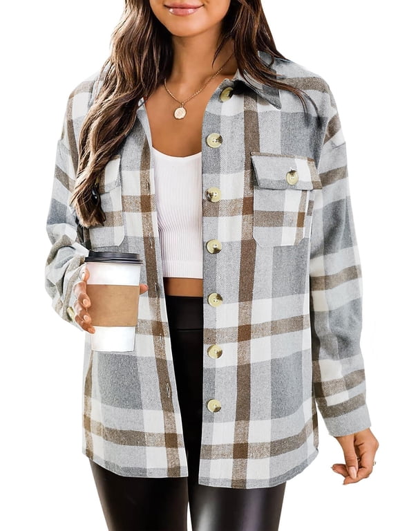 Flannel Cropped Jacket Wool Blend Shacket Plaid Button Down Shirt Fall Winter Fashion Long Sleeve Coat with Pockets