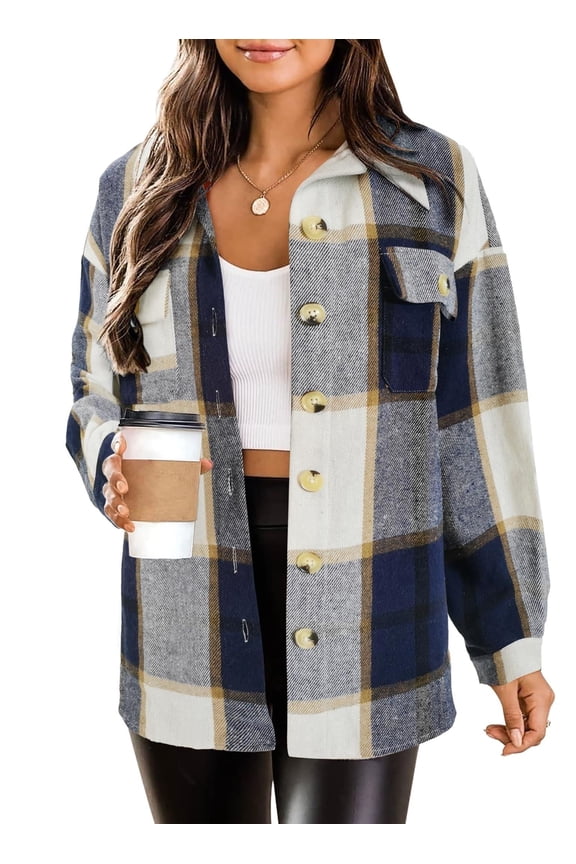 Flannel Cropped Jacket Wool Blend Shacket Plaid Button Down Shirt Fall Winter Fashion Long Sleeve Coat with Pockets