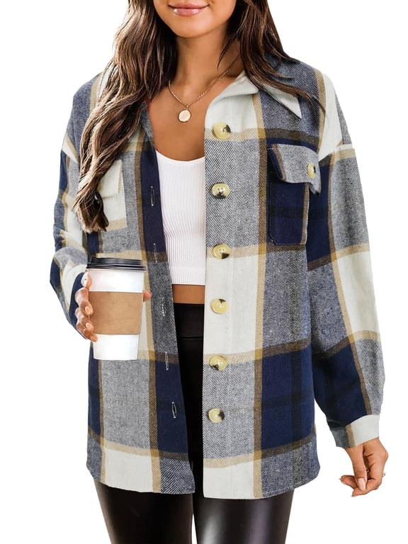 Flannel Cropped Jacket Wool Blend Shacket Plaid Button Down Shirt Fall Winter Fashion Long Sleeve Coat with Pockets