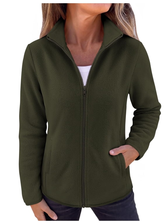 Fleece Jacket for Women Long Sleeve Lightweight Full Zip Up Coat with Pockets Fall Outwear