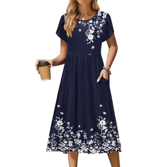 Zeagoo Floral Casual Dresses Modest Tshirt Dress Aline Midi Dress Floral Boho Sundress with Pockets Cotton Ladies Summer Dress Travel Dress Holiday Dresses