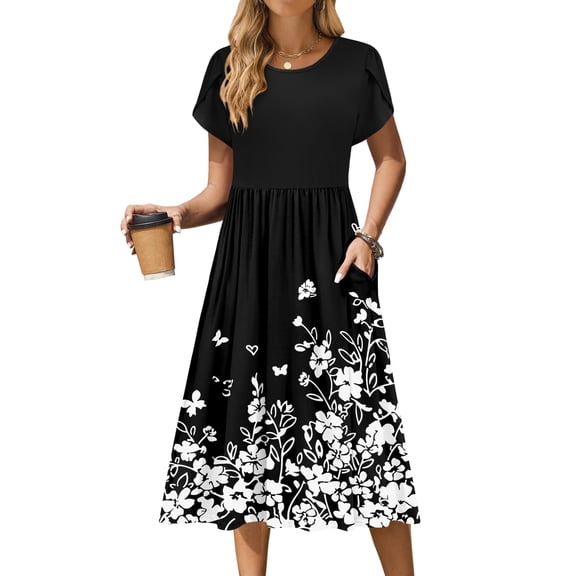 Zeagoo Floral Casual Dresses Modest Tshirt Dress Aline Midi Dress Floral Boho Sundress with Pockets Cotton Ladies Summer Dress Travel Dress Holiday Dresses